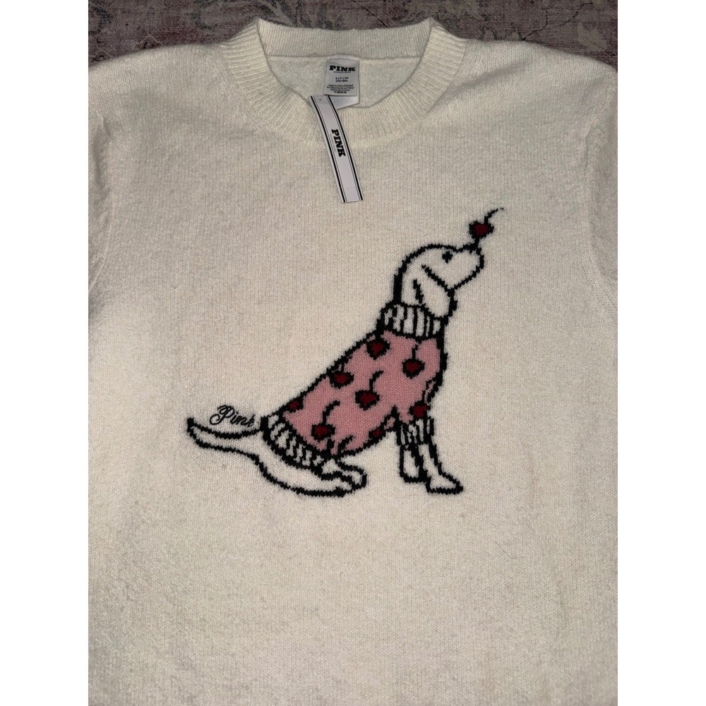 Victoria's Secret PINK Dog Graphic Crewneck Sweater Cream Ivory Heart Small NEW - Picture 2 of 7